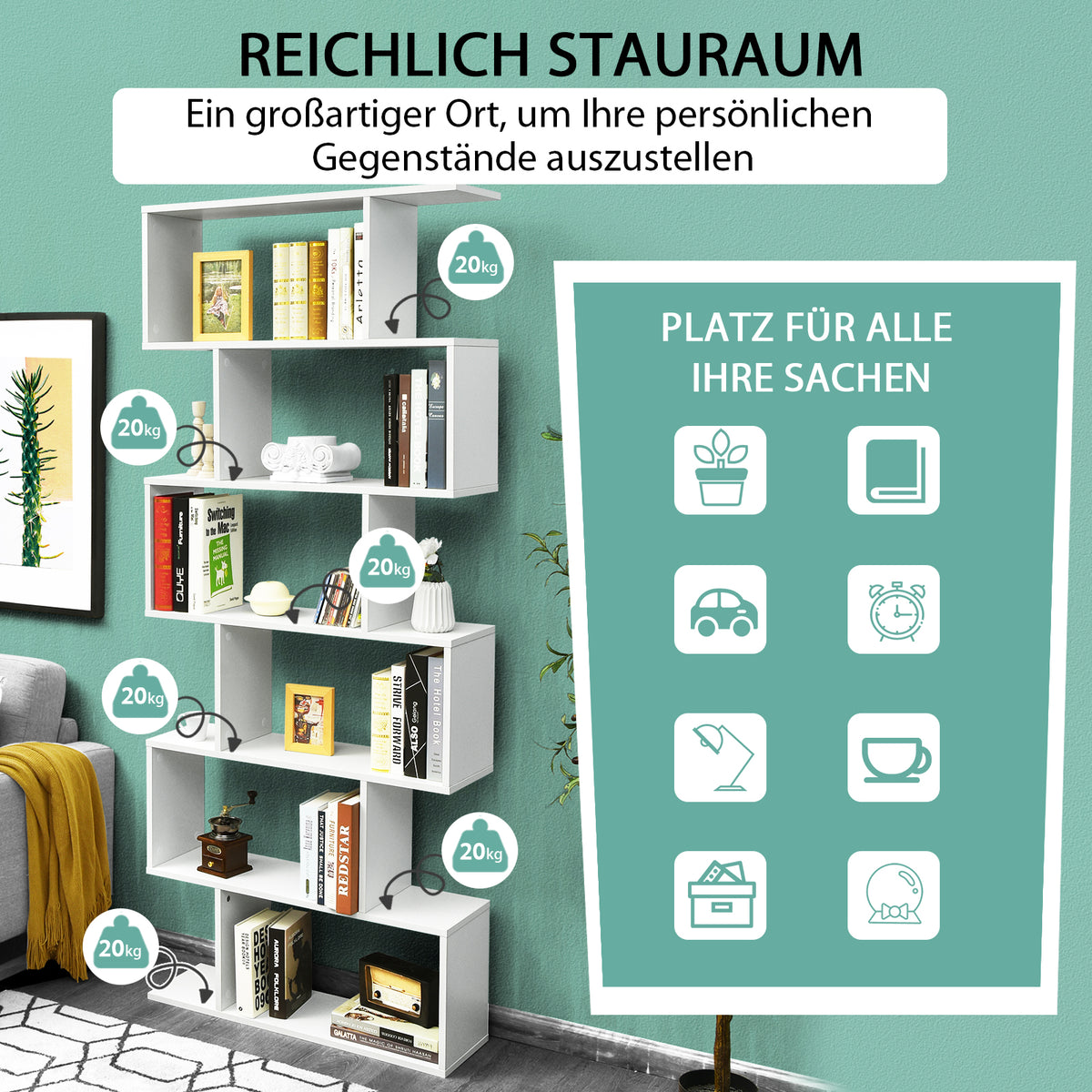 Bücherregal, Bücherregal mit 6 Ebenen, S-Form Standregal, Aufbewahrungsregal, Holz, Farbwahl-Weiß, Costway, 3
