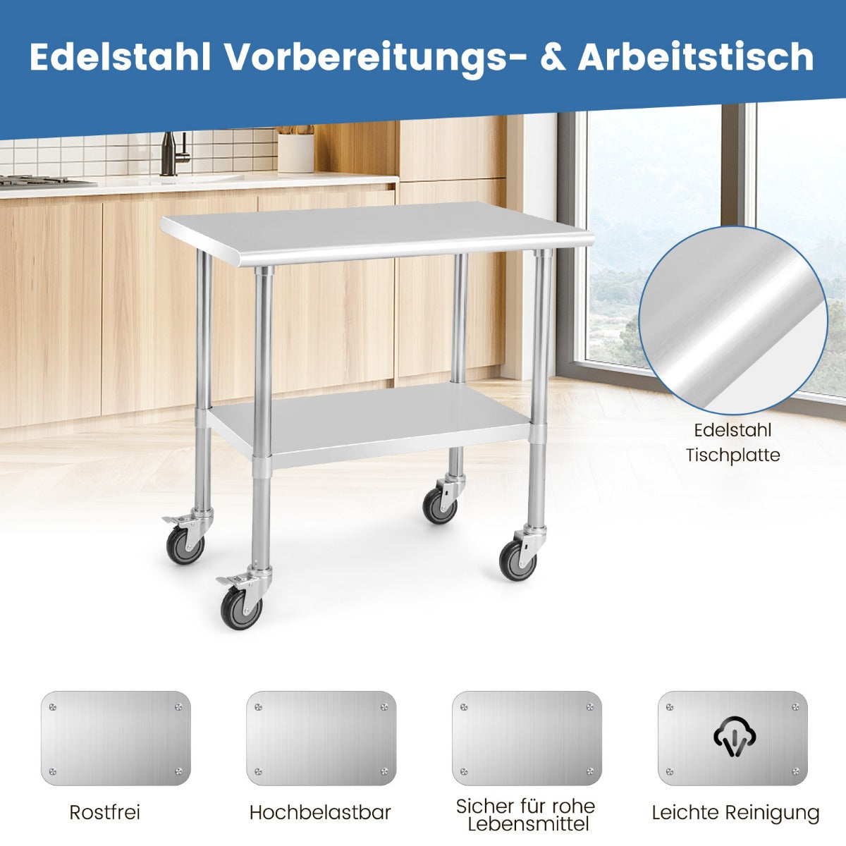 Küchenwagen, Küchenrollwagen, Edelstahltisch Arbeitstisch, Küchentisch, Edelstahl, Silbrig, 91,5 x 61 x 88,5 cm, Costway, 3
