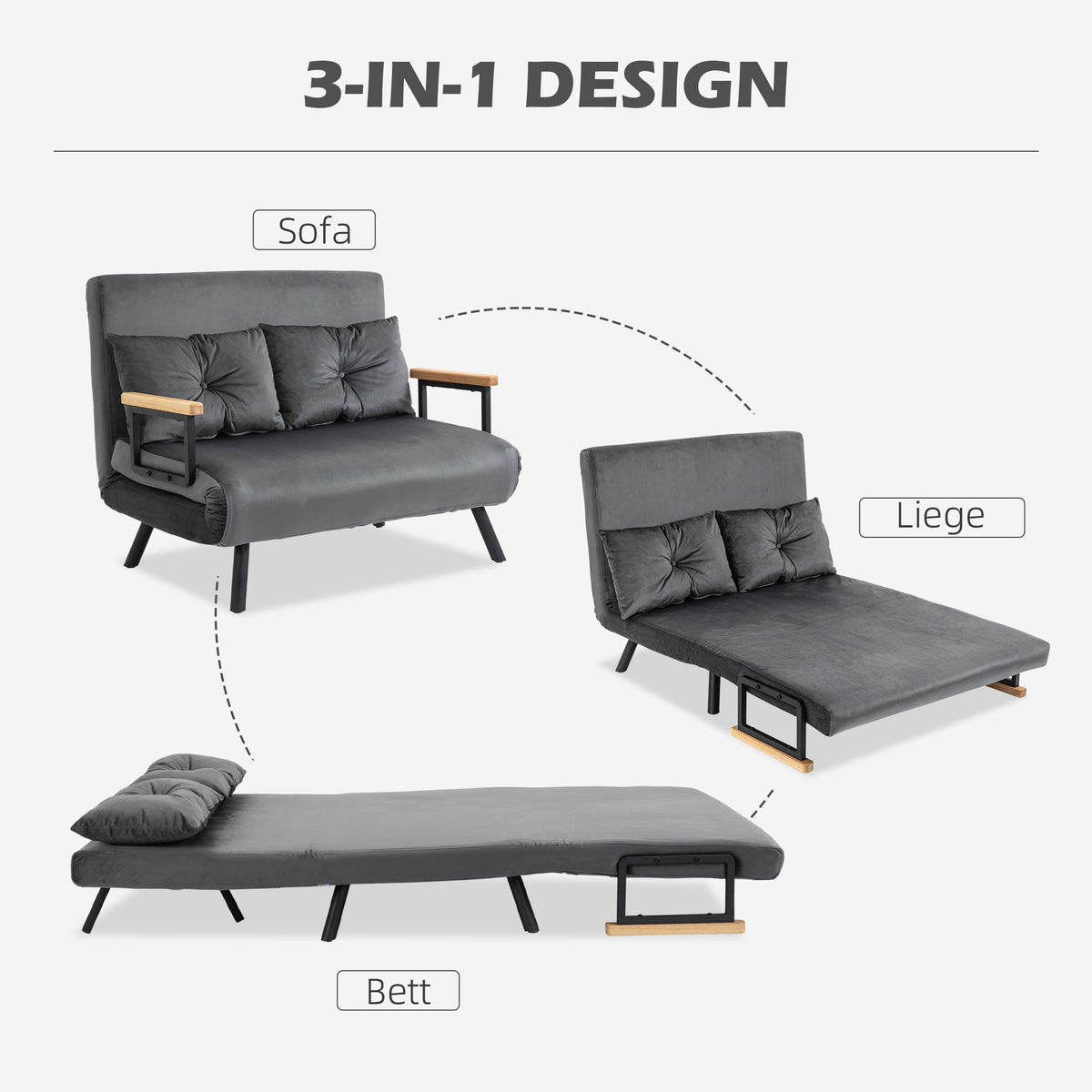 HOMCOM - Schlafsofa mit Bettkasten Couch mit Schlaffunktion Schlafcouch mit Samtoptik Rückenkissen 102 x 73 x 81 cm, Dunkelgrau