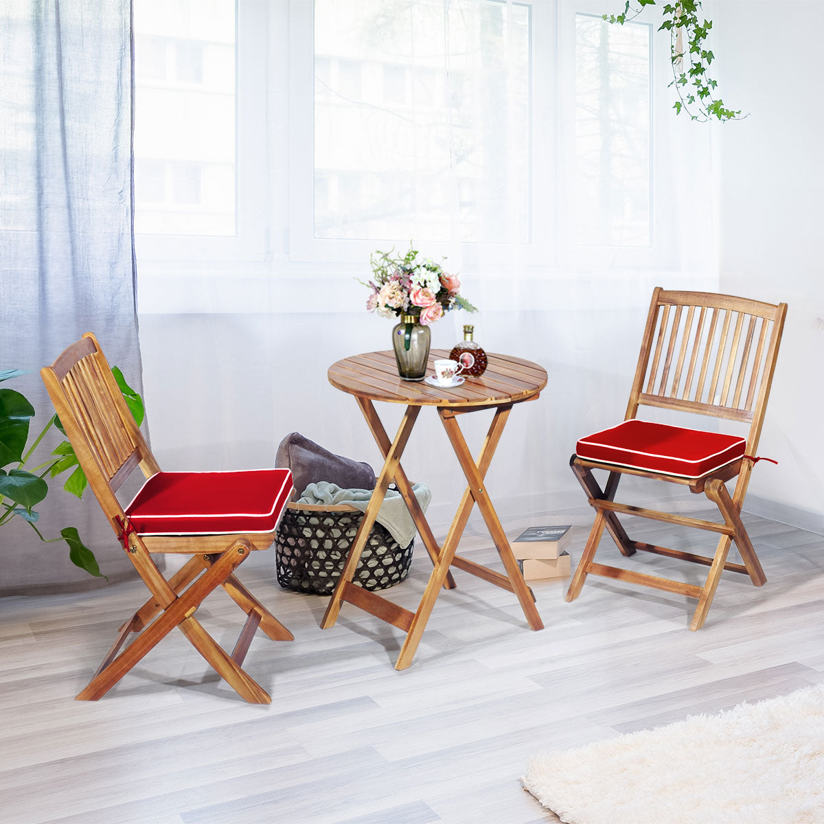Terrassenmöbel, 3-TLG. Terrassenmöbel-Set mit Rundem Tisch & 2 Stühlen & 2 Kissen Ergonomische Sitzgarnitur, Rot, Costway, 7