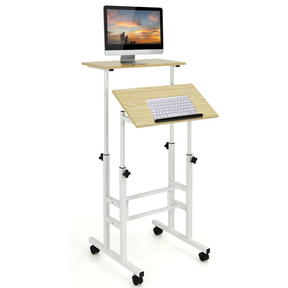 Costway – Mobiler Sitz-Steh-Schreibtisch mit 2 separat höhenverstellbaren Tischplatten und 4 Rollen, Weiß/Natur