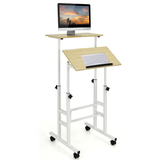 Costway – Mobiler Sitz-Steh-Schreibtisch mit 2 separat höhenverstellbaren Tischplatten und 4 Rollen, Weiß/Natur