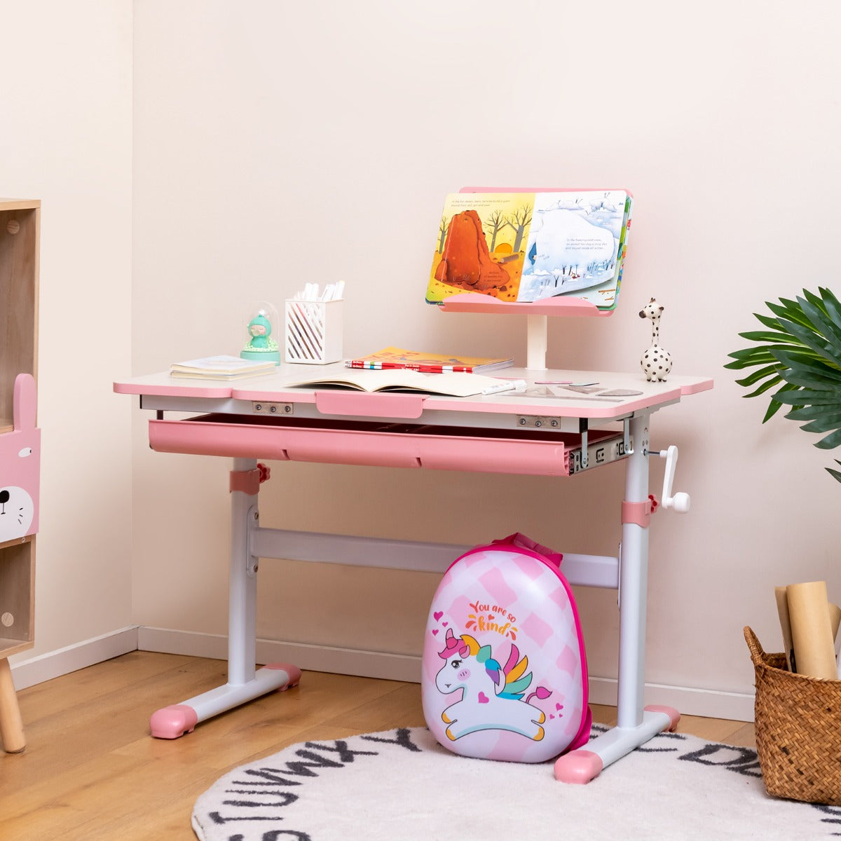 Costway – Höhenverstellbarer Kinderschreibtisch mit neigbarer Tischplatte und Bücherständer, Rosa