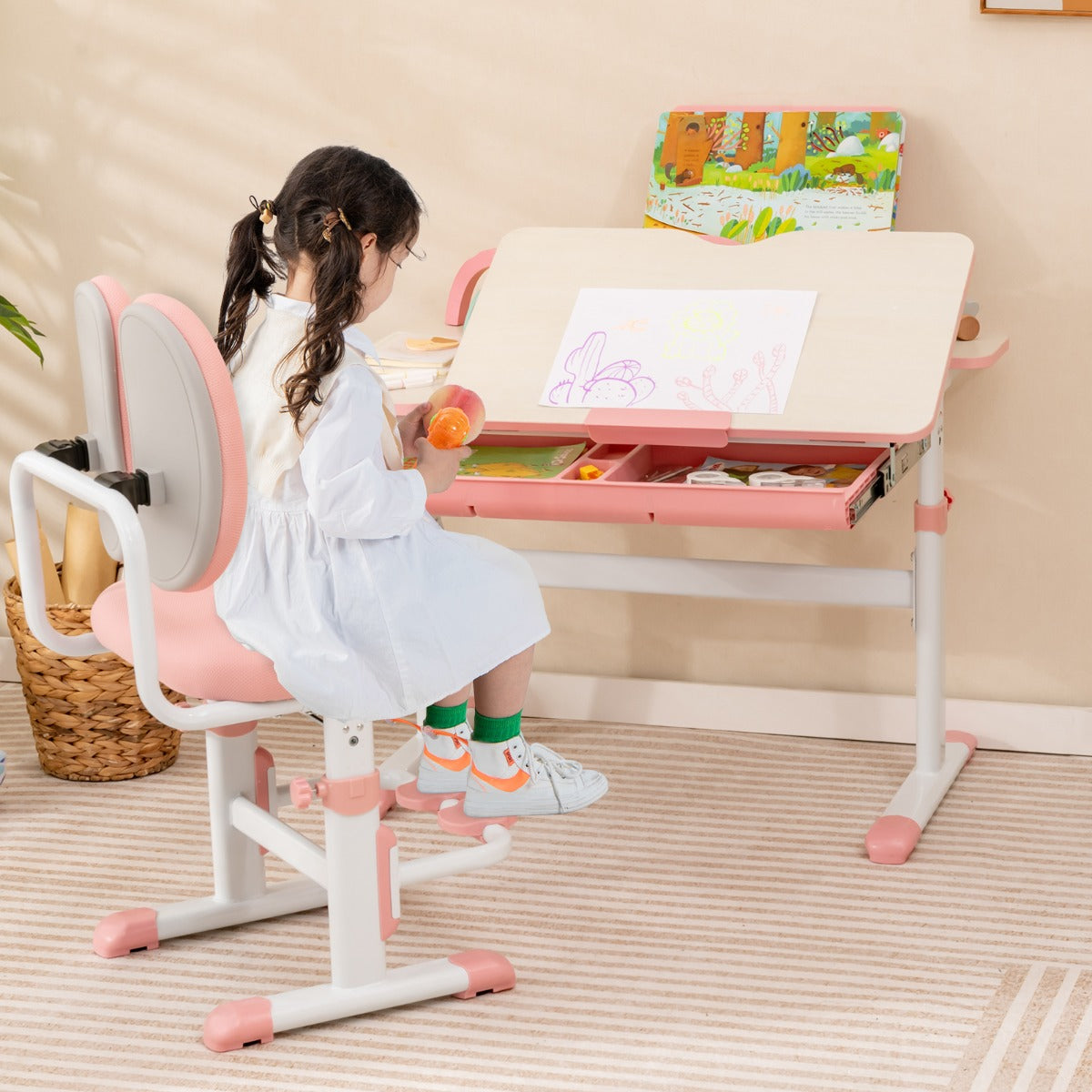 Costway – Höhenverstellbarer Kinderschreibtisch mit neigbarer Tischplatte und Bücherständer, Rosa