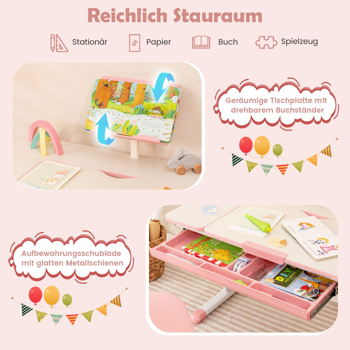 Costway – Höhenverstellbarer Kinderschreibtisch mit neigbarer Tischplatte und Bücherständer, Rosa