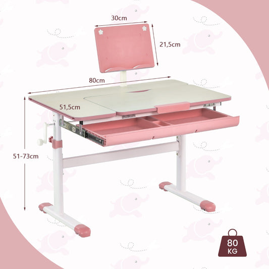Costway – Höhenverstellbarer Kinderschreibtisch mit neigbarer Tischplatte und Bücherständer, Rosa