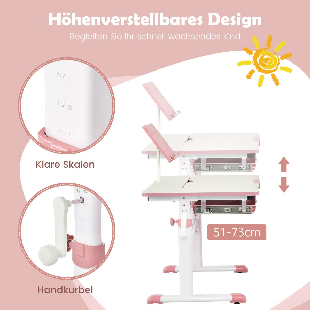 Costway – Höhenverstellbarer Kinderschreibtisch mit neigbarer Tischplatte und Bücherständer, Rosa