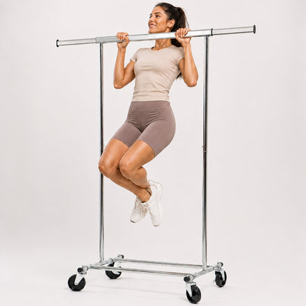 Tatkraft Darren Kleiderständer Stabil, Kleiderständer auf Rollen, bis 100kg, Montage in 1 Min, Kleiderstange 91–132×45,4×160cm, Profi, Verchromt Stahl