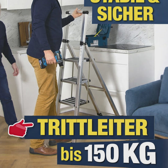 Trittleiter 3 Stufen, bis 150 kg, Trittleiter Klappbar, rutschfesten Stufen, Aluminium, Modern Design, Tatkraft Adamant