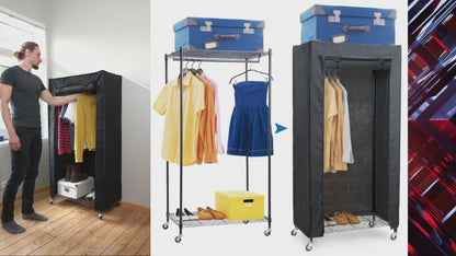 art moon Buffalo Schwerlast Faltschrank auf Rollen, bis 70kg, Kellershrank, Stoffschrank Stabil, Kleiderständer mit Ablage + Hülle, Stahl, Schwarz