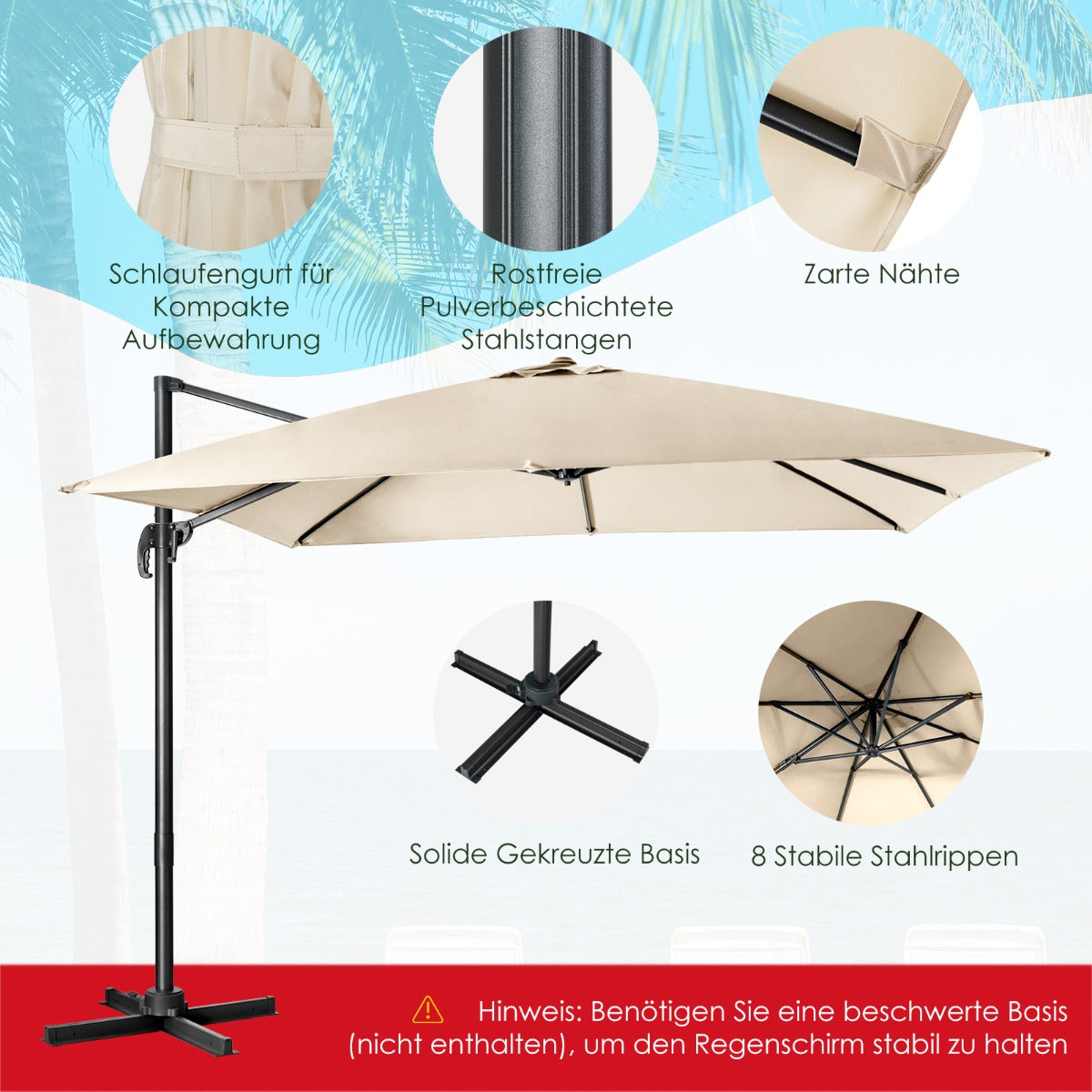 Sonnenschirm Groß, Sonnenschirm 3m, Sonnenschirm mit Ständer, Sonnenschirm balkon, Beige, Costway, 7