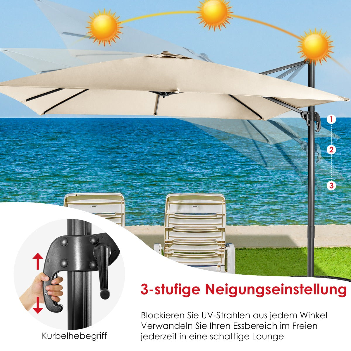 Sonnenschirm Groß, Sonnenschirm 3m, Sonnenschirm mit Ständer, Sonnenschirm balkon, Beige, Costway, 3