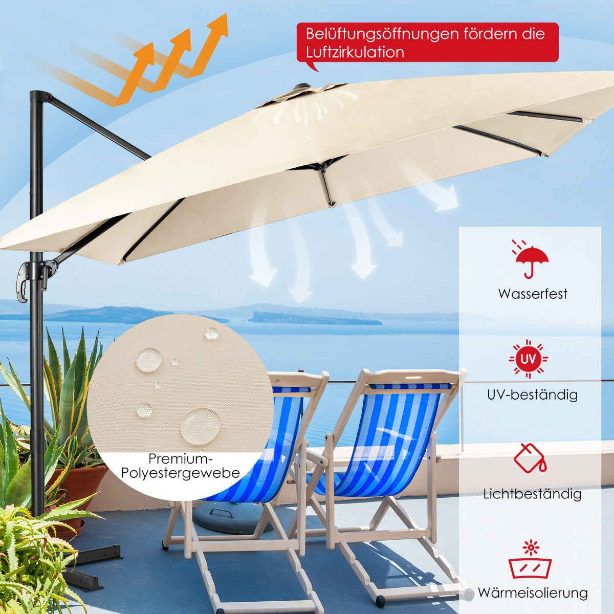 Sonnenschirm Groß, Sonnenschirm 3m, Sonnenschirm mit Ständer, Sonnenschirm balkon, Beige, Costway, 2
