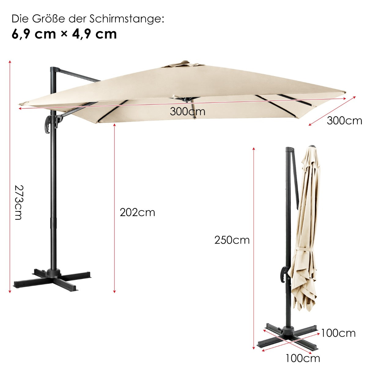Sonnenschirm Groß, Sonnenschirm 3m, Sonnenschirm mit Ständer, Sonnenschirm balkon, Beige, Costway, 5