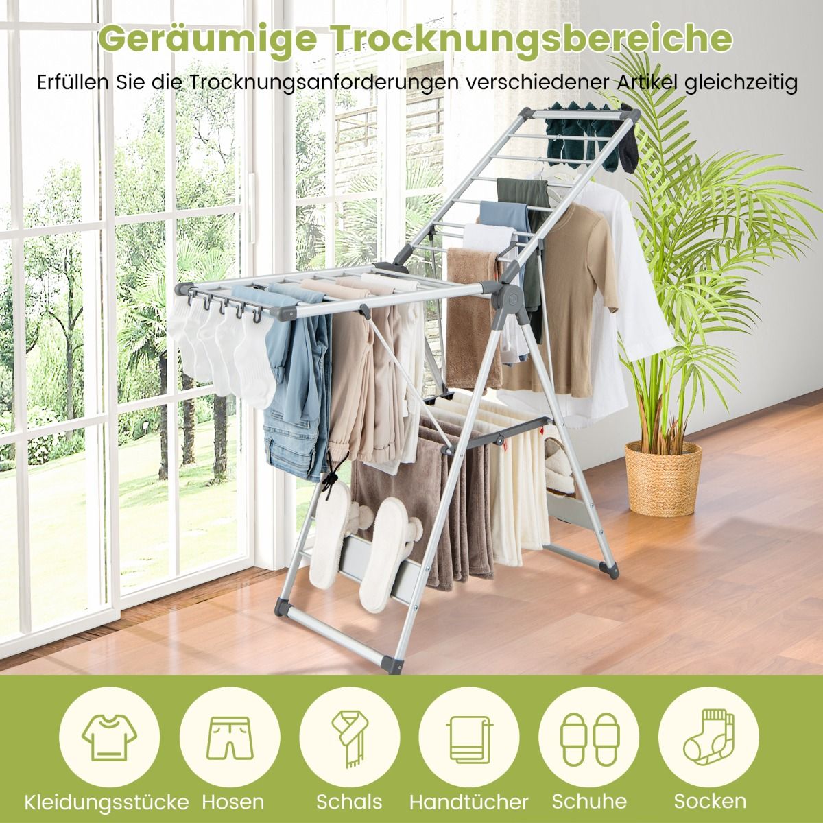 Wäscheständer klappbar, mit 5-stufiger Höhenverstellung, Wäscheständer platzsparend, Silber, Costway, 5