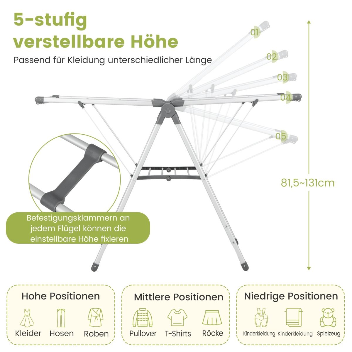 Wäscheständer klappbar, mit 5-stufiger Höhenverstellung, Wäscheständer platzsparend, Silber, Costway, 7