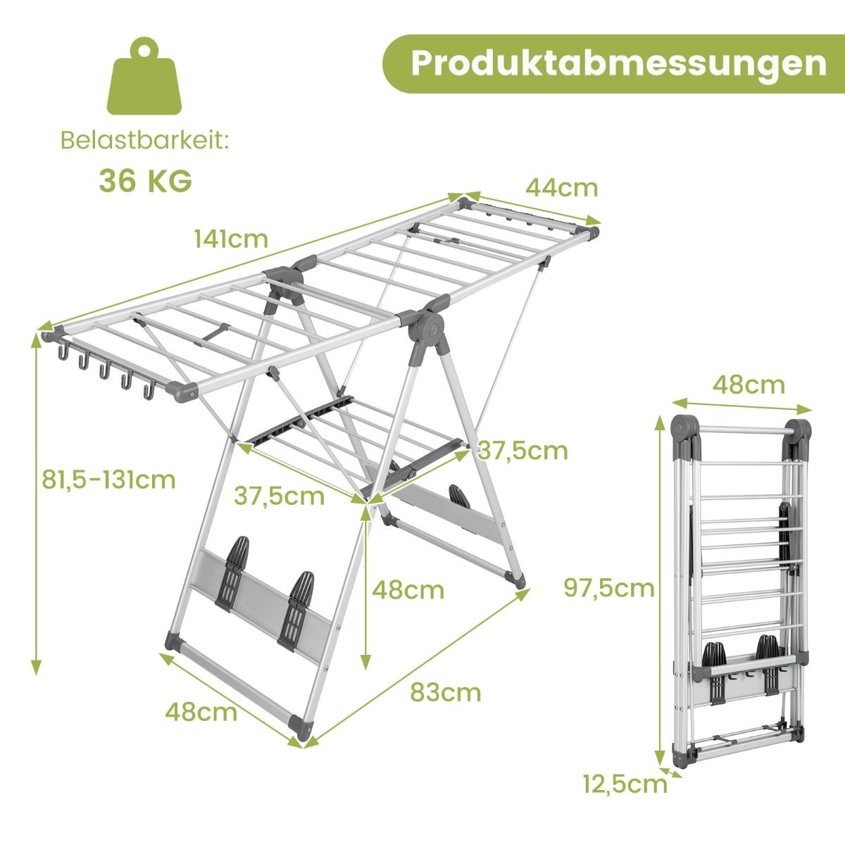 Wäscheständer klappbar, mit 5-stufiger Höhenverstellung, Wäscheständer platzsparend, Silber, Costway, 8