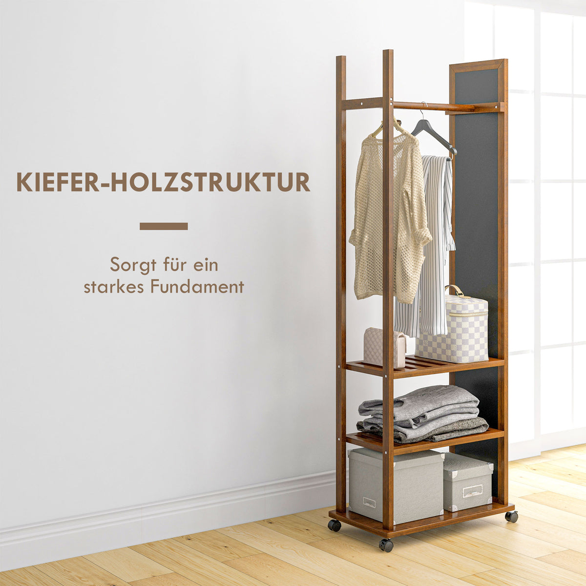 Standspiegel, Garderobe mit Spiegel, Kleiderständer Holz, Ganzkörperspiegel, Kleiderständer auf rollen, 3 Ebenen, Kiefernholz, HOMCOM, 6