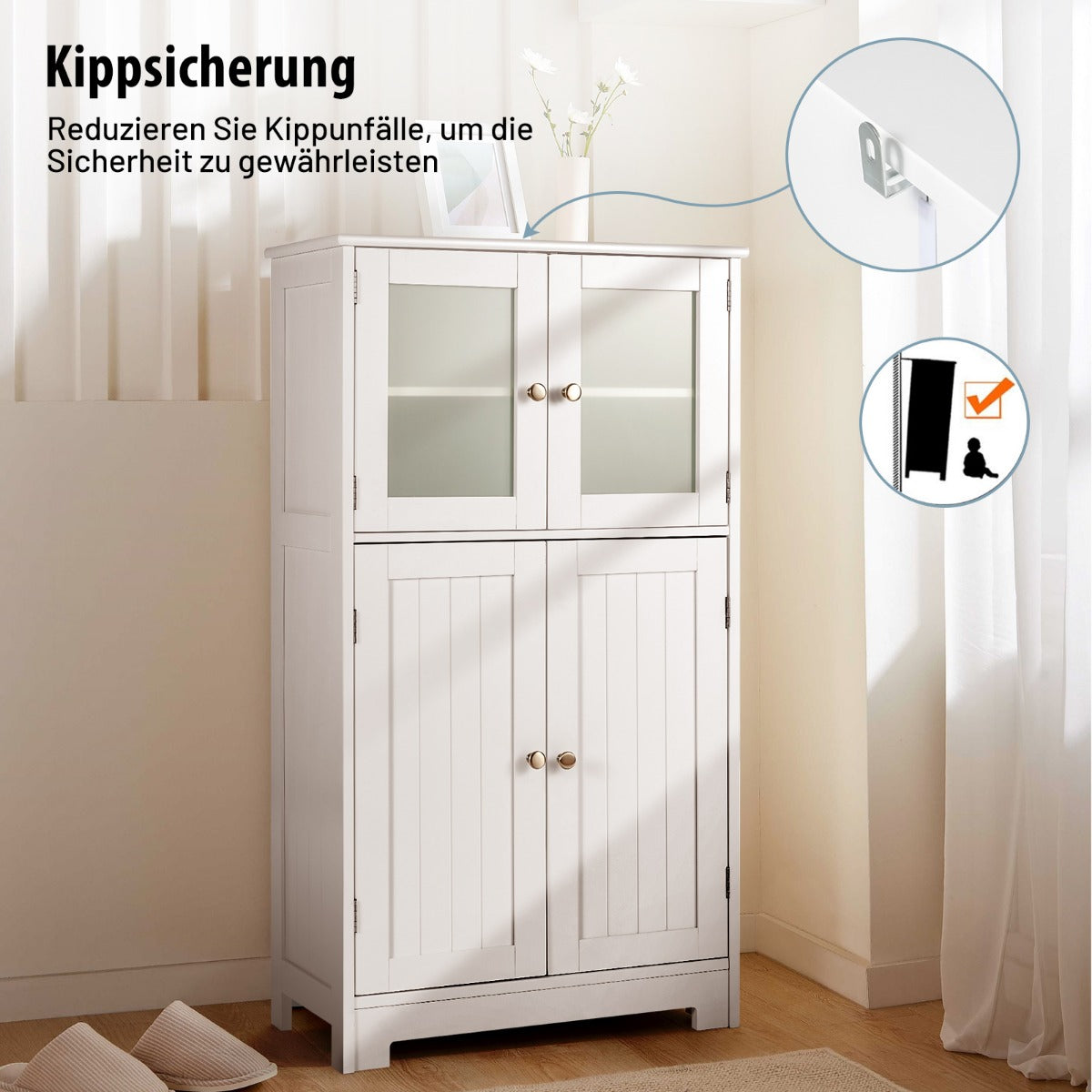 Badezimmerschrank, 4-Türiger Freistehender Aufbewahrungsschrank mit Glastüren, Weiß, Costway, 2