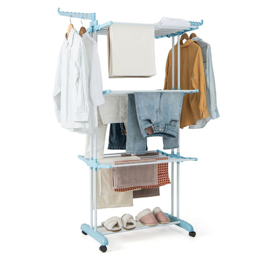 Wäscheständer Turm, 4-stufiger Wäscheständer Klappbar, mit rollen, Wäscheständer hoch, Wäscheständer balkon, Blau, Costway, 2