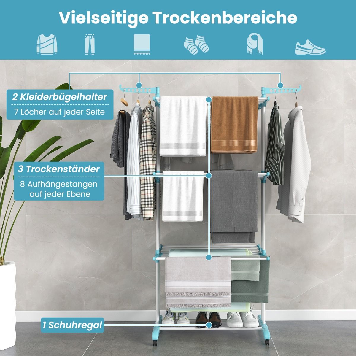 Wäscheständer Turm, 4-stufiger Wäscheständer Klappbar, mit rollen, Wäscheständer hoch, Wäscheständer balkon, Blau, Costway, 4