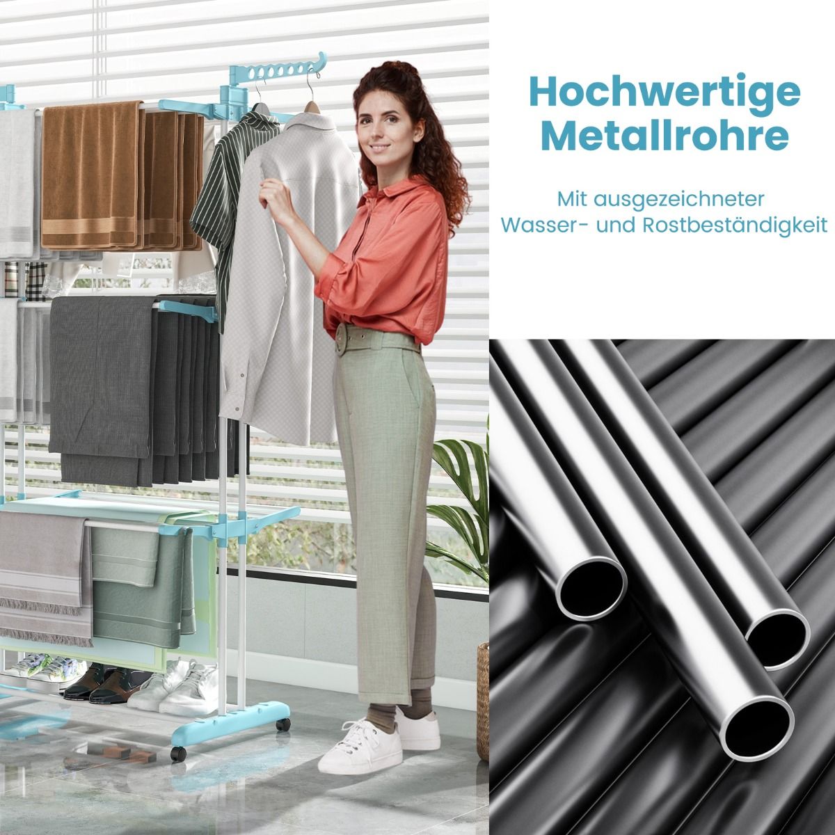 Wäscheständer Turm, 4-stufiger Wäscheständer Klappbar, mit rollen, Wäscheständer hoch, Wäscheständer balkon, Blau, Costway, 7