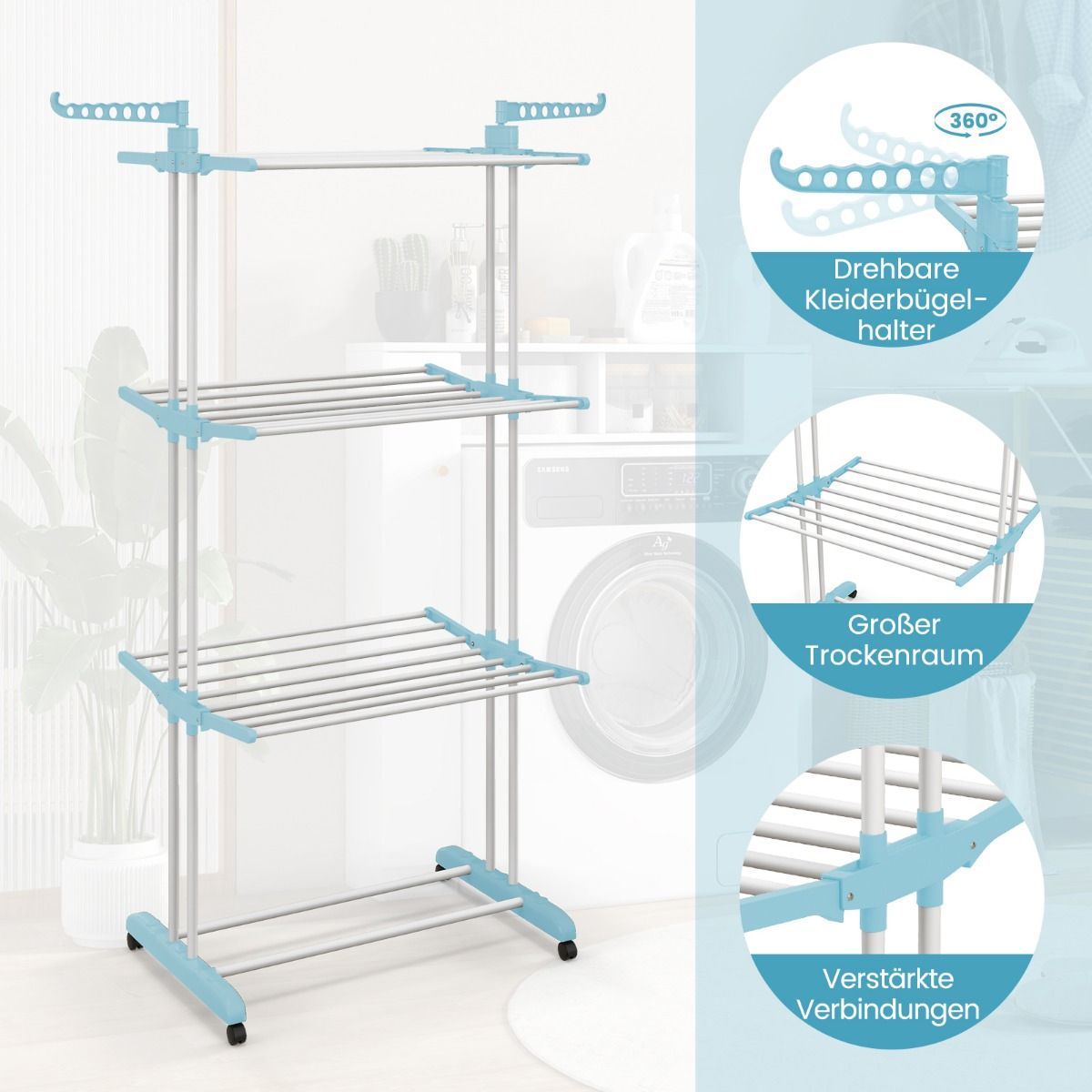 Wäscheständer Turm, 4-stufiger Wäscheständer Klappbar, mit rollen, Wäscheständer hoch, Wäscheständer balkon, Blau, Costway, 8