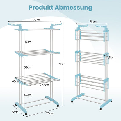 Wäscheständer Turm, 4-stufiger Wäscheständer Klappbar, mit rollen, Wäscheständer hoch, Wäscheständer balkon, Blau, Costway, 3