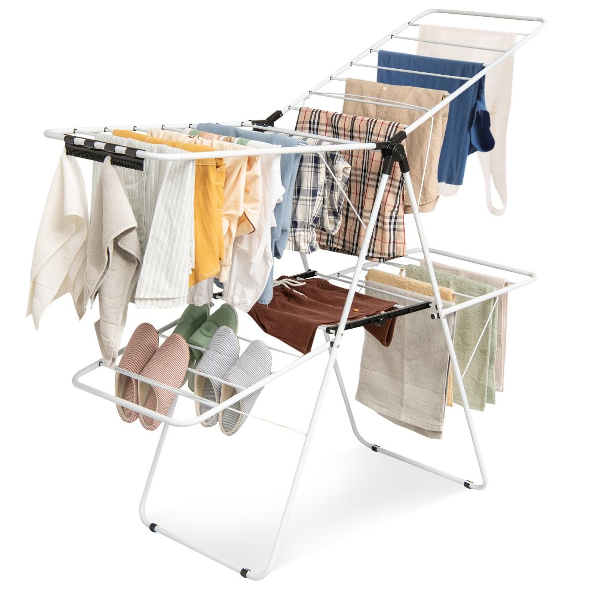 Wäscheständer klappbar, 2-Stufiger, Wäscheständer platzsparend, mit Höhenverstellbaren Flügeln,Wäscheständer balkon, Weiß, Costway, 3