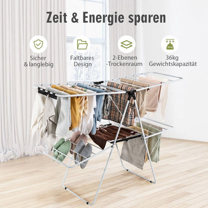Wäscheständer klappbar, 2-Stufiger, Wäscheständer platzsparend, mit Höhenverstellbaren Flügeln,Wäscheständer balkon, Weiß, Costway, 5