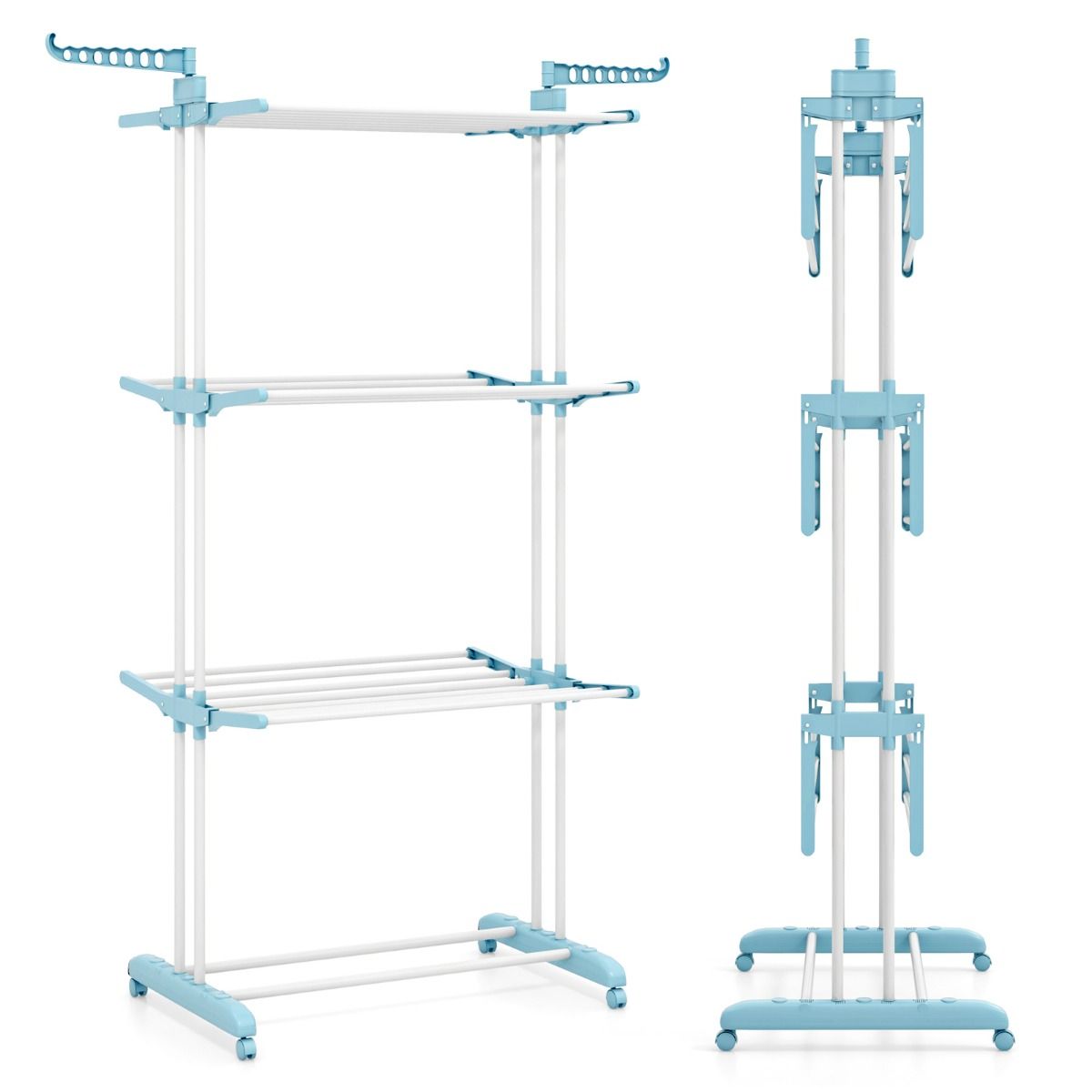 Wäscheständer Turm, 4-stufigen, Wäscheständer Klappbar, mit drehbaren Seitenflügeln, wäscheständer balkon, mit rollen, Blau, Costway, 4