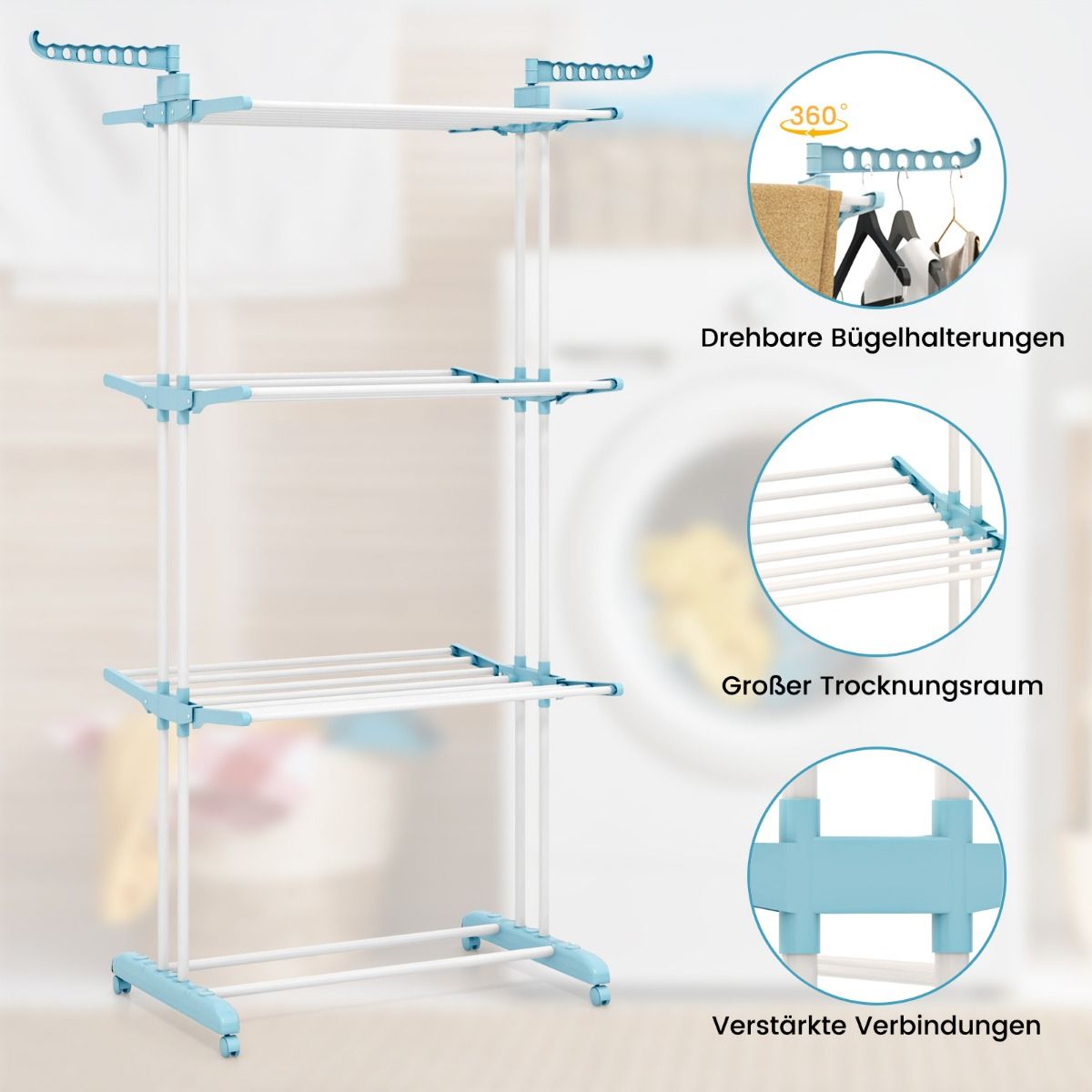 Wäscheständer Turm, 4-stufigen, Wäscheständer Klappbar, mit drehbaren Seitenflügeln, wäscheständer balkon, mit rollen, Blau, Costway, 9