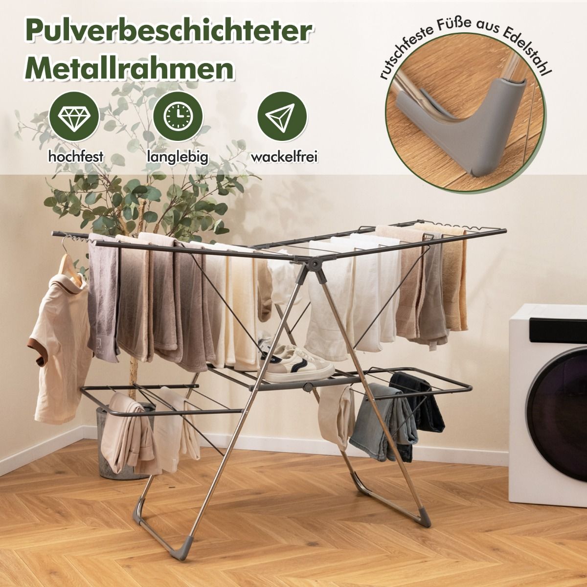 Wäscheständer Klappbar, 2-stöckiger, mit 33 Stäben, Höhenverstellbaren Flügeln, Wäscheständer platzsparend, Costway, 6