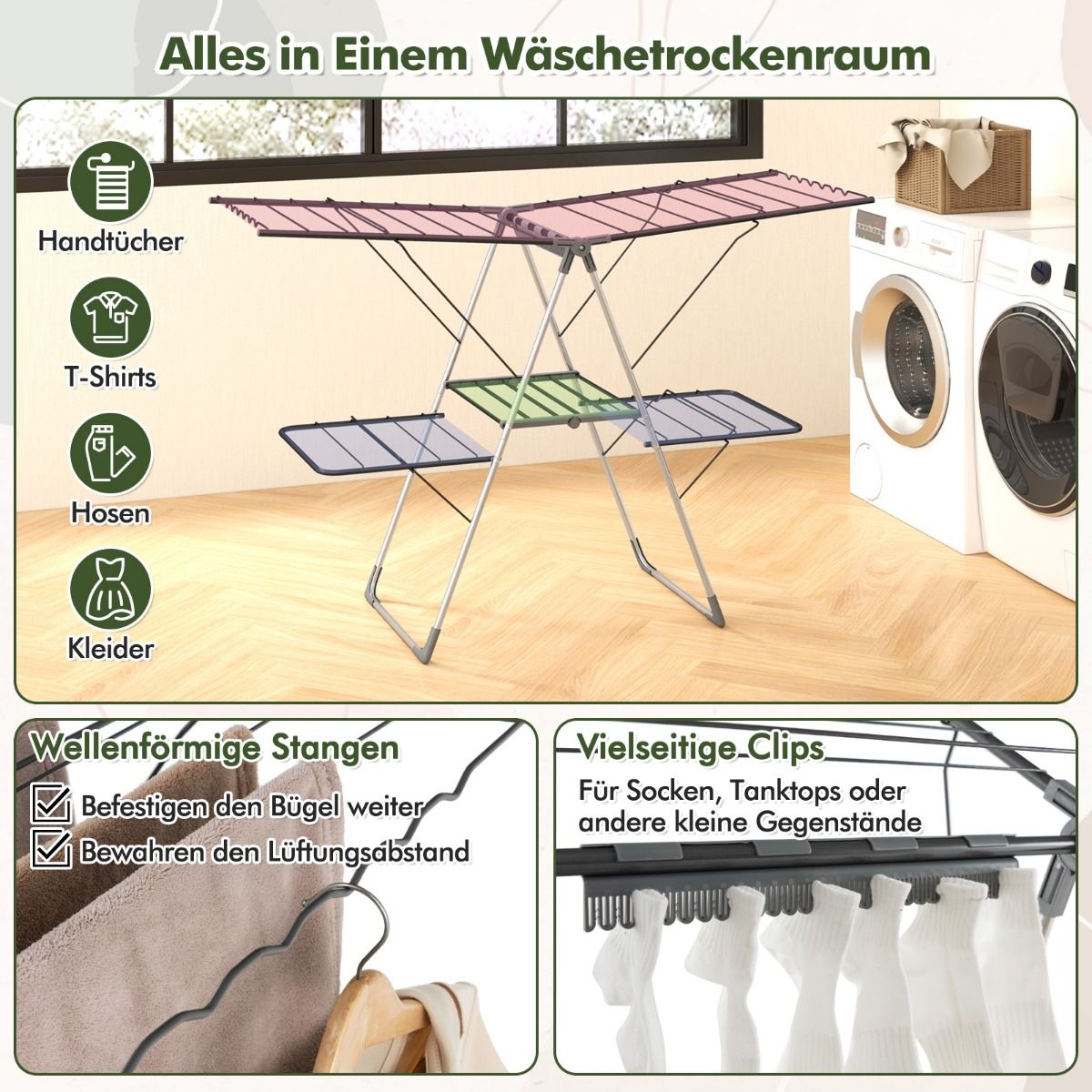 Wäscheständer Klappbar, 2-stöckiger, mit 33 Stäben, Höhenverstellbaren Flügeln, Wäscheständer platzsparend, Costway, 7