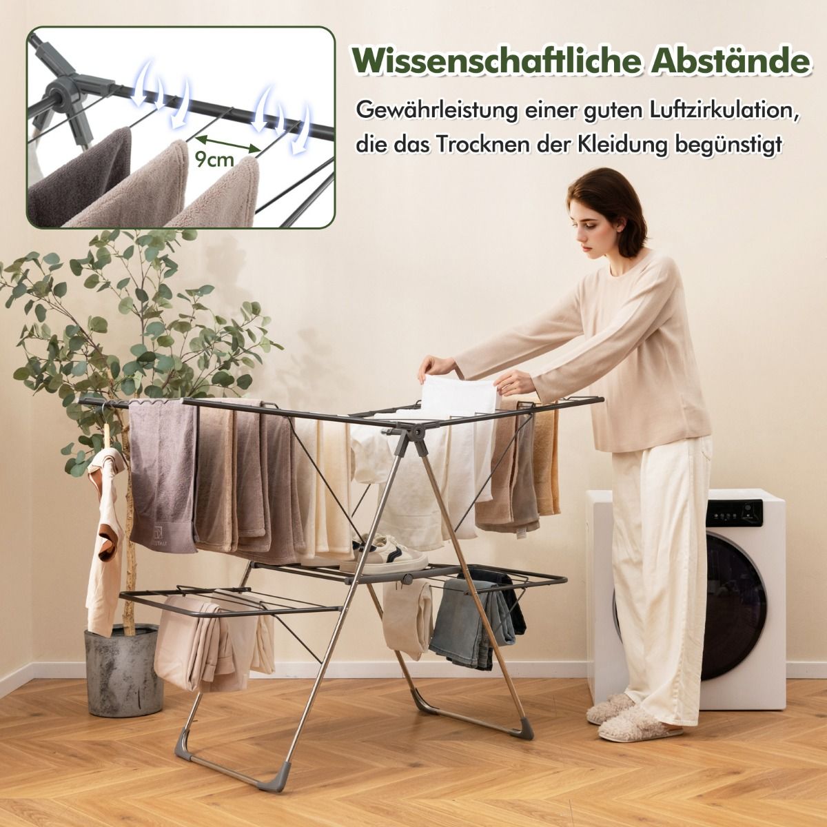 Wäscheständer Klappbar, 2-stöckiger, mit 33 Stäben, Höhenverstellbaren Flügeln, Wäscheständer platzsparend, Costway, 8