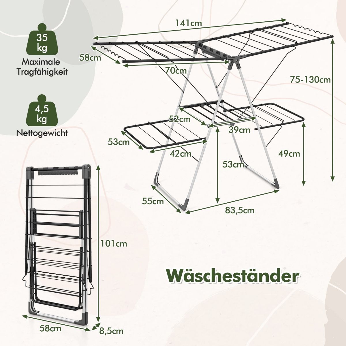 Wäscheständer Klappbar, 2-stöckiger, mit 33 Stäben, Höhenverstellbaren Flügeln, Wäscheständer platzsparend, Costway, 3