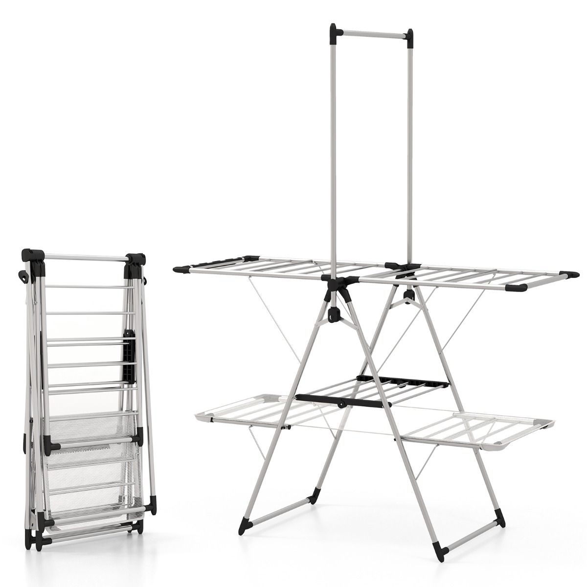Wäscheständer, mit kleiderstange 2-stufiger, Wäscheständer balkon, Edelstahl, Wäscheständer stabil, Silber, Costway, 3