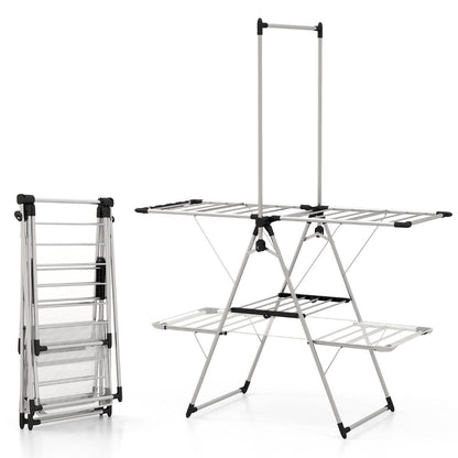 Wäscheständer, mit kleiderstange 2-stufiger, Wäscheständer balkon, Edelstahl, Wäscheständer stabil, Silber, Costway, 3