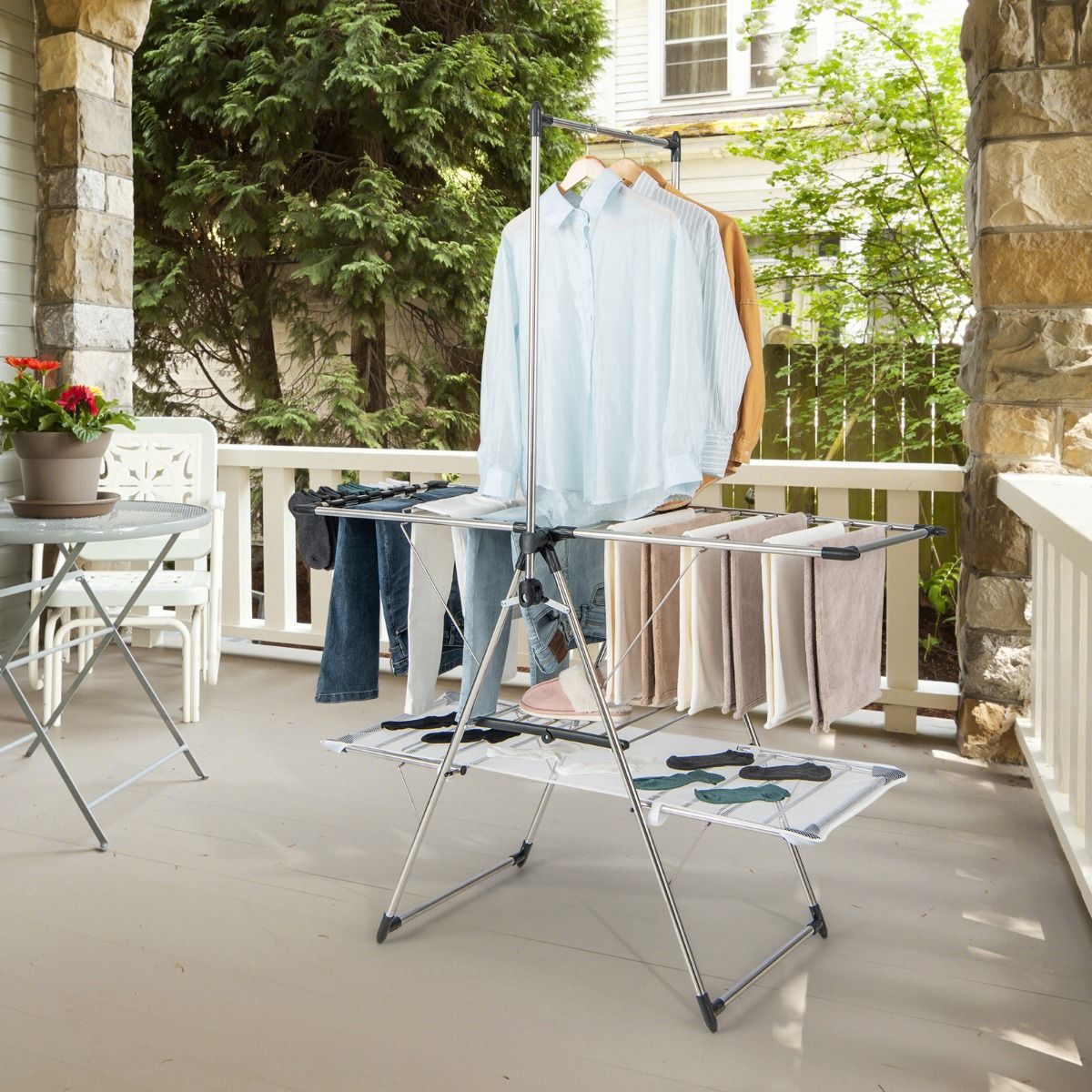 Wäscheständer, mit kleiderstange 2-stufiger, Wäscheständer balkon, Edelstahl, Wäscheständer stabil, Silber, Costway, 1