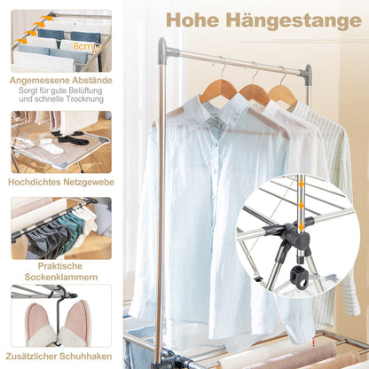 Costway - Wäscheständer, mit Kleiderstange, 2-stufiger, Höhenverstellbare Flügel, Wäscheständer Balkon, Edelstahl, Wäscheständer Stabil, Silber