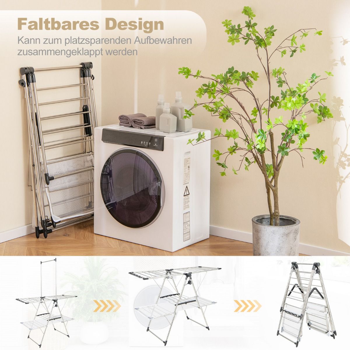 Wäscheständer, mit kleiderstange 2-stufiger, Wäscheständer balkon, Edelstahl, Wäscheständer stabil, Silber, Costway, 7