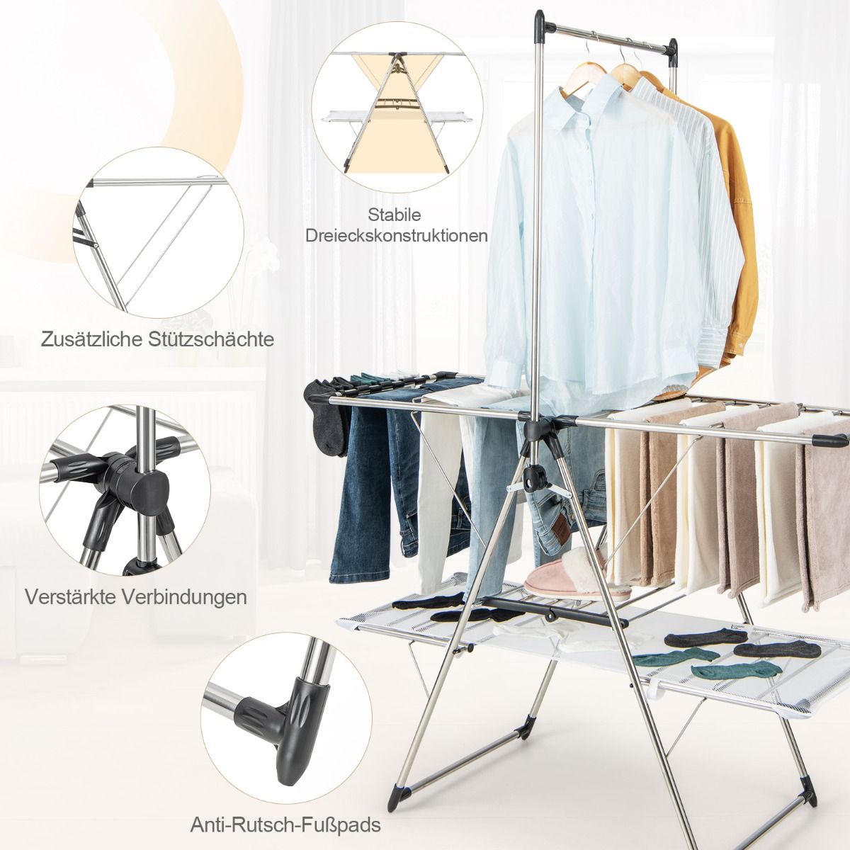 Wäscheständer, mit kleiderstange 2-stufiger, Wäscheständer balkon, Edelstahl, Wäscheständer stabil, Silber, Costway, 8