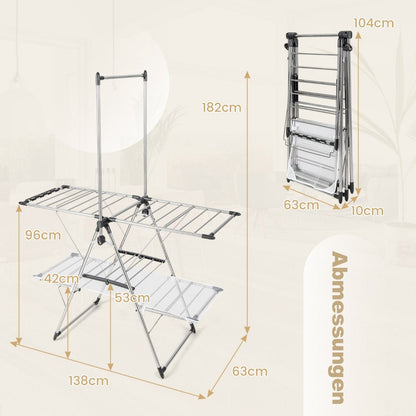 Wäscheständer, mit kleiderstange 2-stufiger, Wäscheständer balkon, Edelstahl, Wäscheständer stabil, Silber, Costway, 4