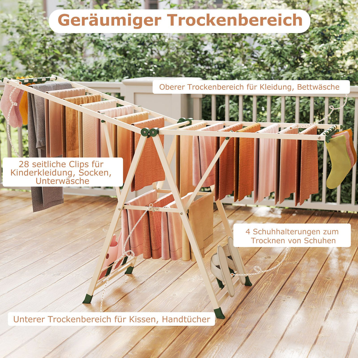Wäscheständer Platzsparend, Wäscheständer Klappbar, Höhenverstellbare Flügeln Wäschetrockner, Beige, Costway, 4
