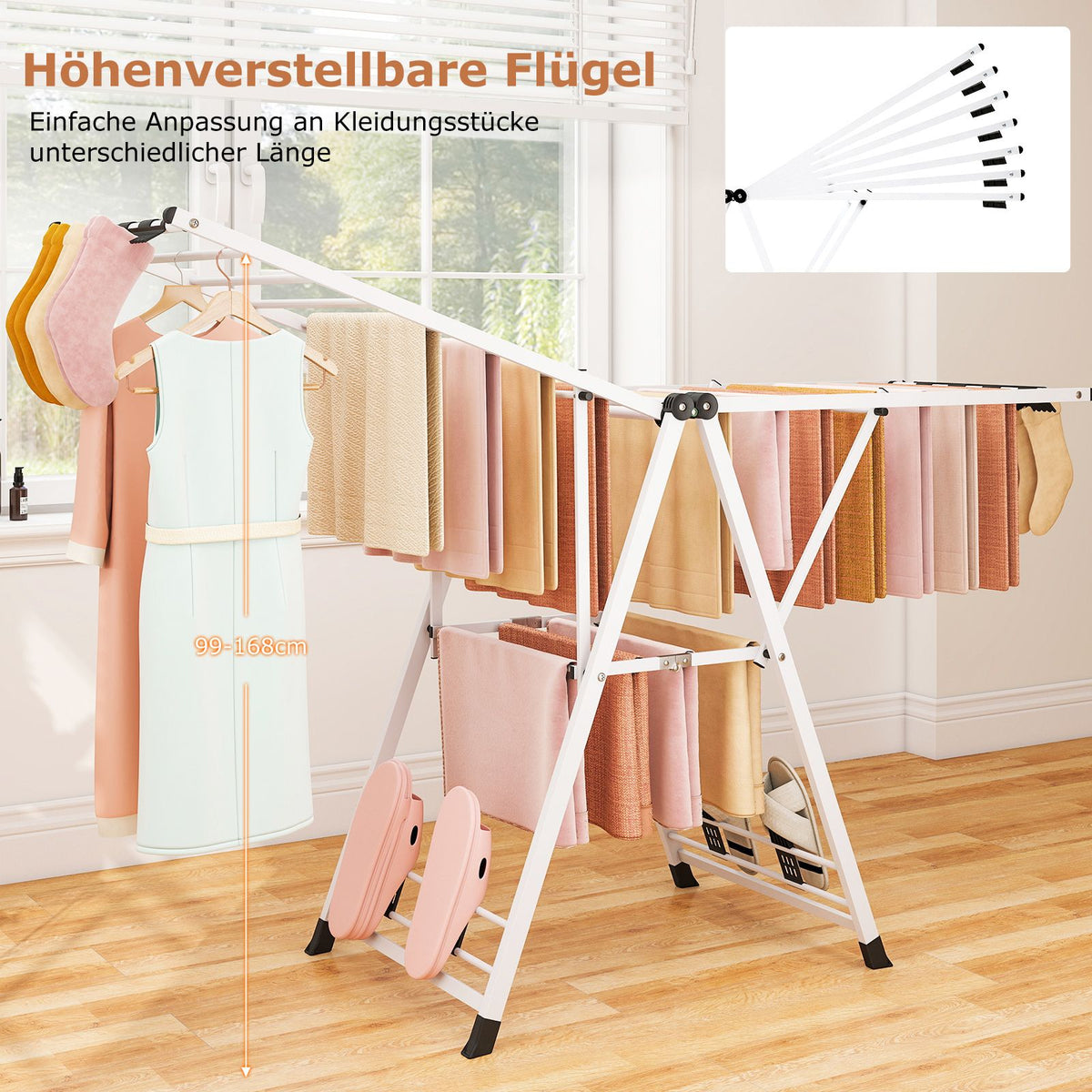 Wäscheständer Platzsparend, Wäscheständer Klappbar, Höhenverstellbare Flügeln Wäschetrockner, Weiß, Costway, 8
