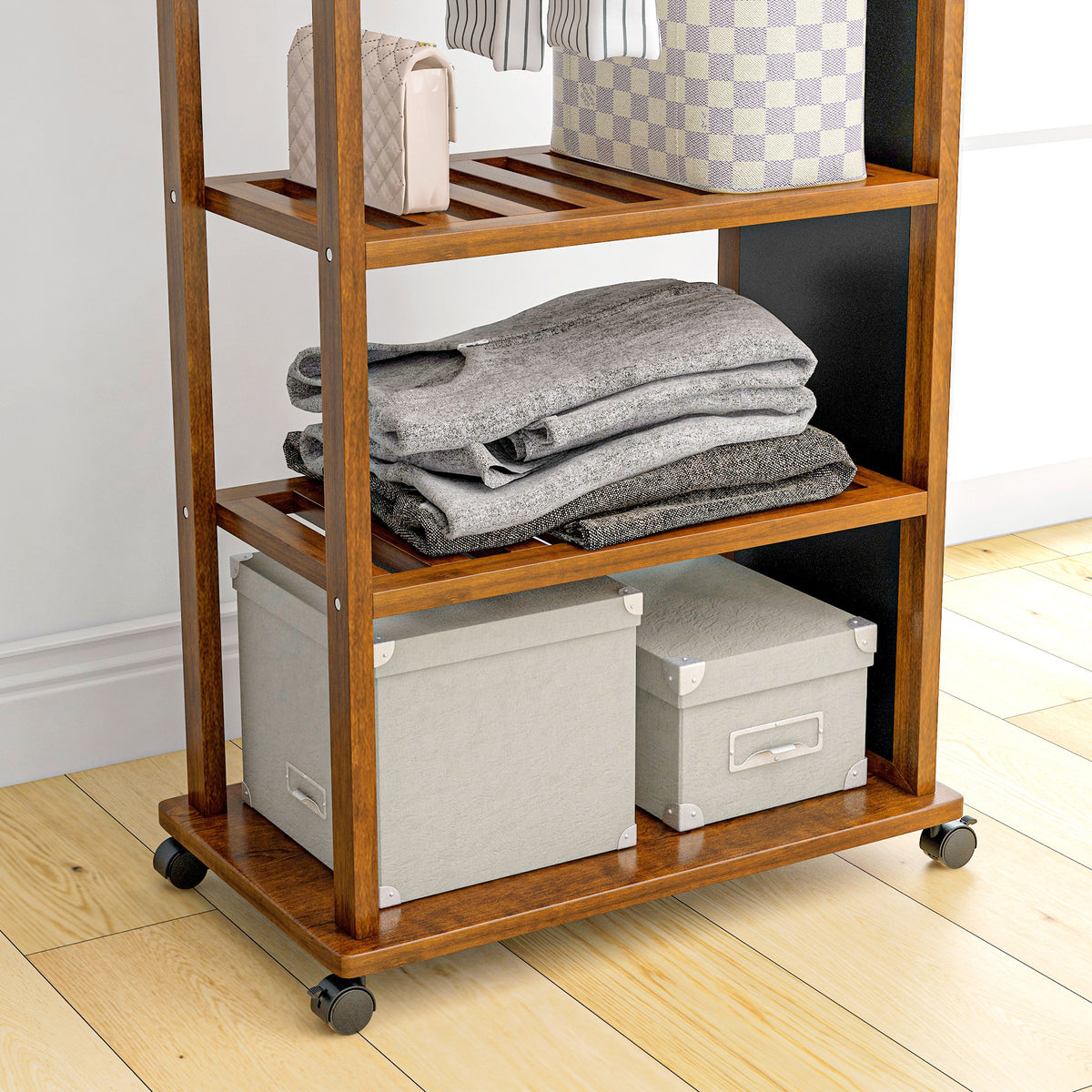 Standspiegel, Garderobe mit Spiegel, Kleiderständer Holz, Ganzkörperspiegel, Kleiderständer auf rollen, 3 Ebenen, Kiefernholz, HOMCOM, 9