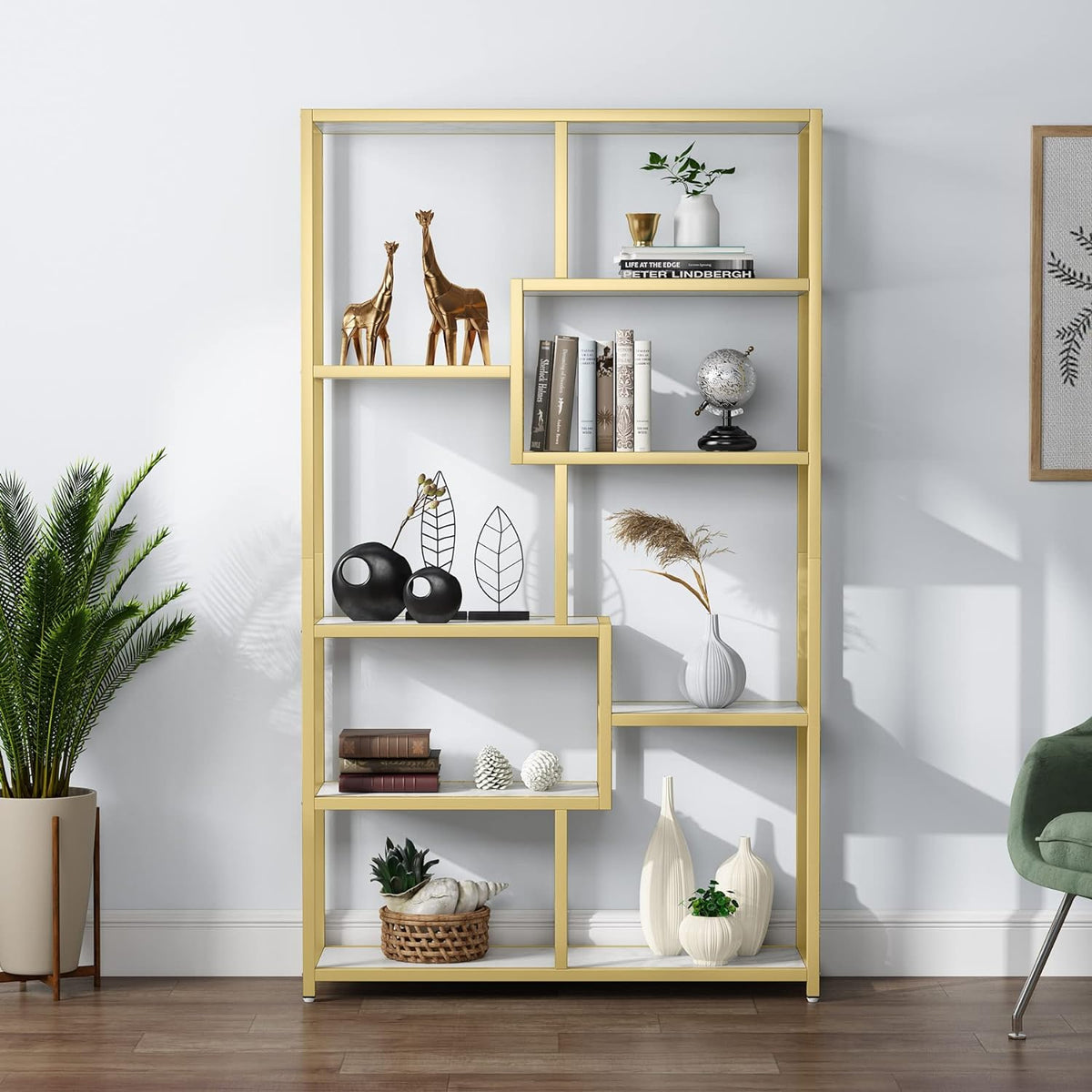 Bücherregal, Bücherregal Schmal, Bücherregal Gold, Bücherregal mit 8 Ablagen, Aufbewahrungs-Organizer, Tribesigns, 4