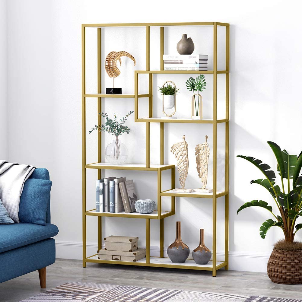 Bücherregal, Bücherregal Schmal, Bücherregal Gold, Bücherregal mit 8 Ablagen, Aufbewahrungs-Organizer, Tribesigns, 3