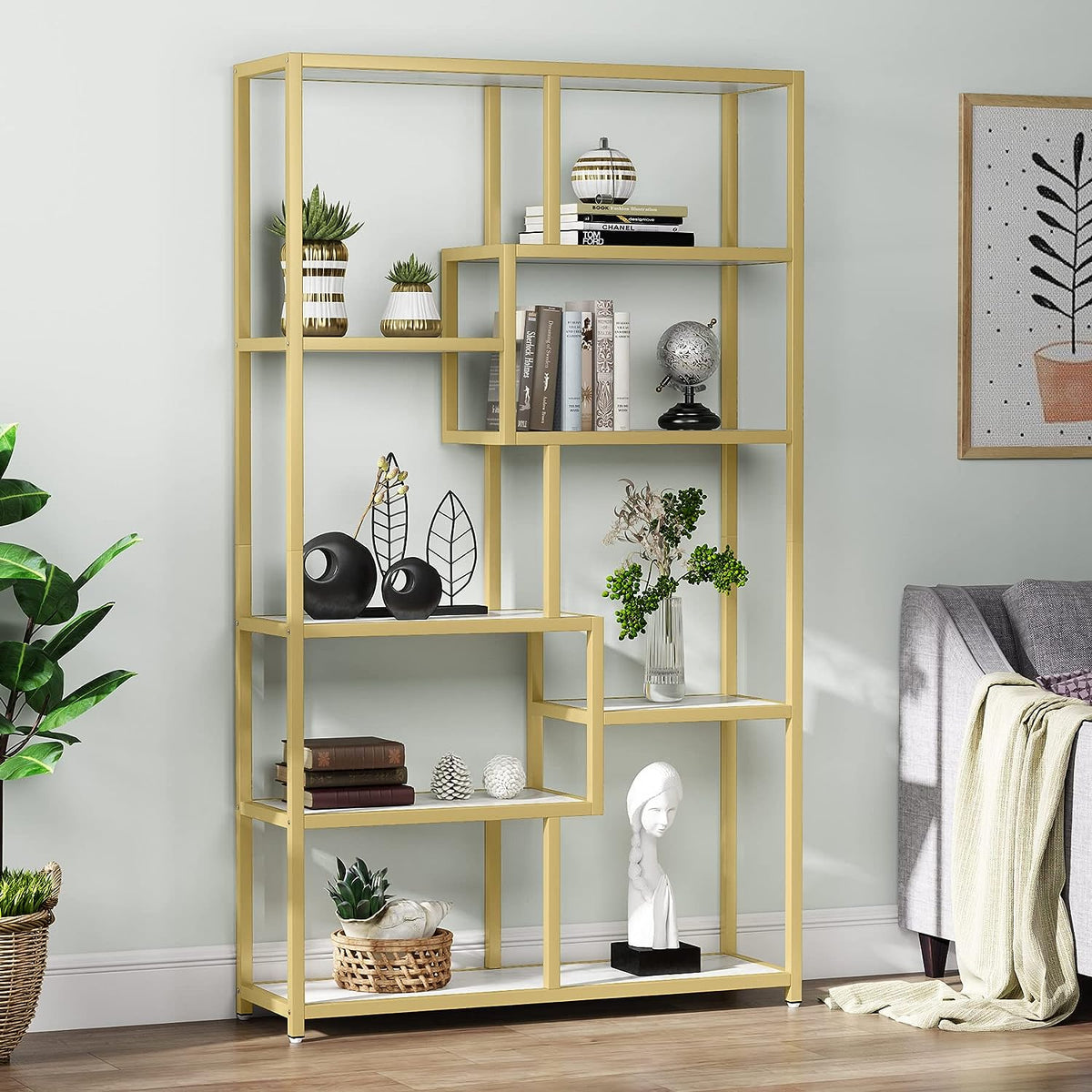 Bücherregal, Bücherregal Schmal, Bücherregal Gold, Bücherregal mit 8 Ablagen, Aufbewahrungs-Organizer, Tribesigns, 1