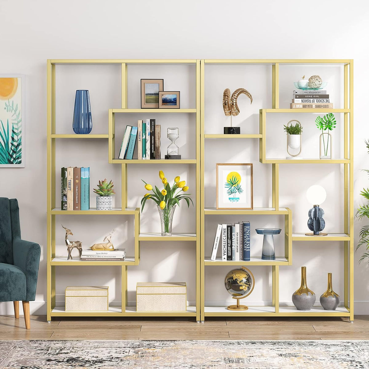 Bücherregal, Bücherregal Schmal, Bücherregal Gold, Bücherregal mit 8 Ablagen, Aufbewahrungs-Organizer, Tribesigns, 9